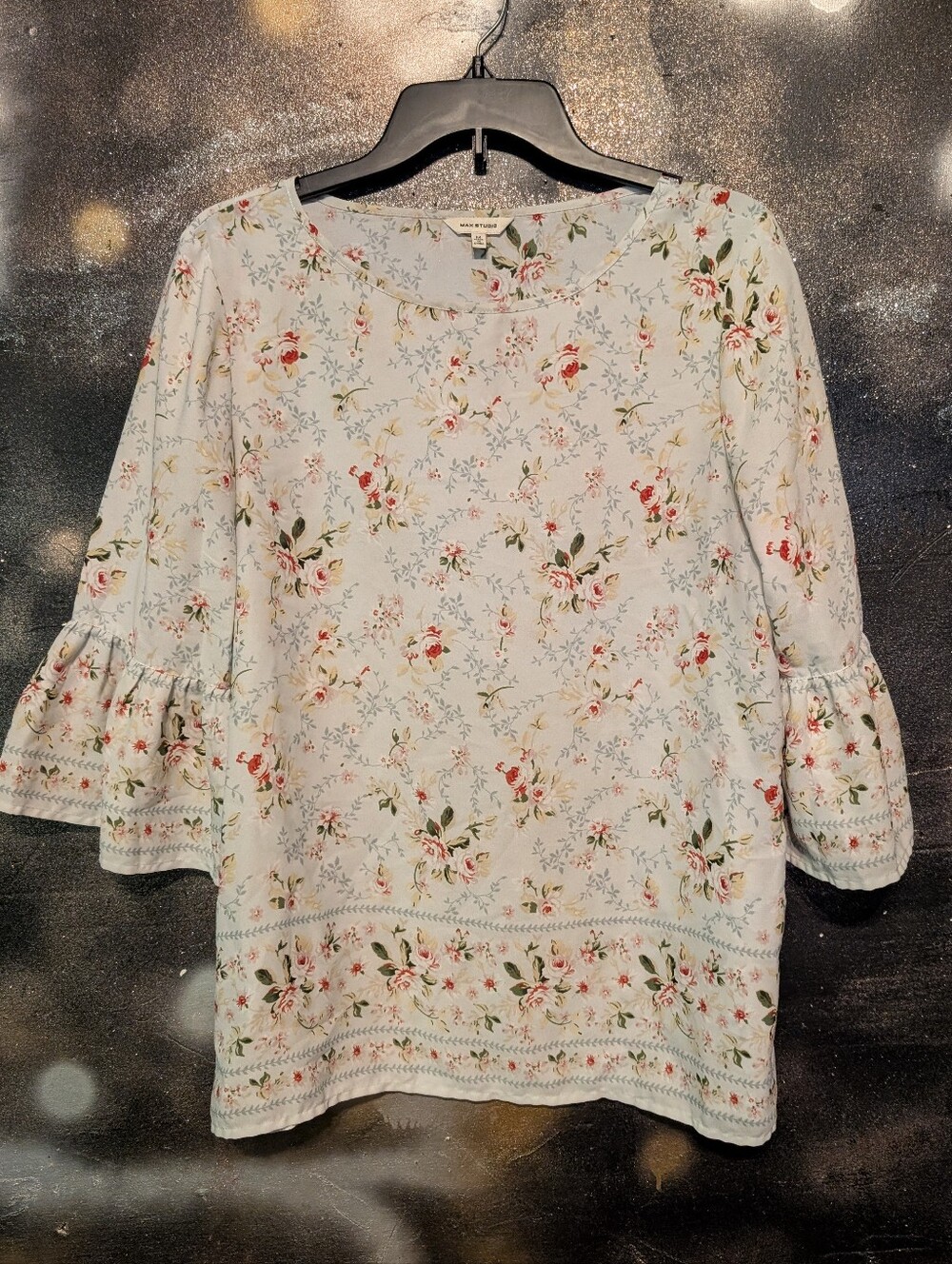 Max Studio Light Blue Floral Ruffle-Sleeve Blouse